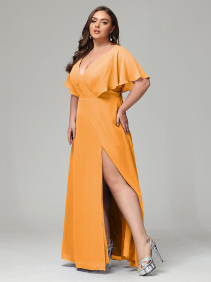 V-Neck Short Sleeves Plus Size Chiffon Bridesmaid Dresses