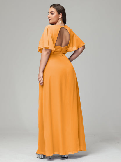 V-Neck Short Sleeves Plus Size Chiffon Bridesmaid Dresses