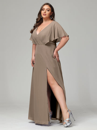 V-Neck Short Sleeves Plus Size Chiffon Bridesmaid Dresses