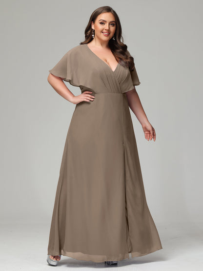 V-Neck Short Sleeves Plus Size Chiffon Bridesmaid Dresses