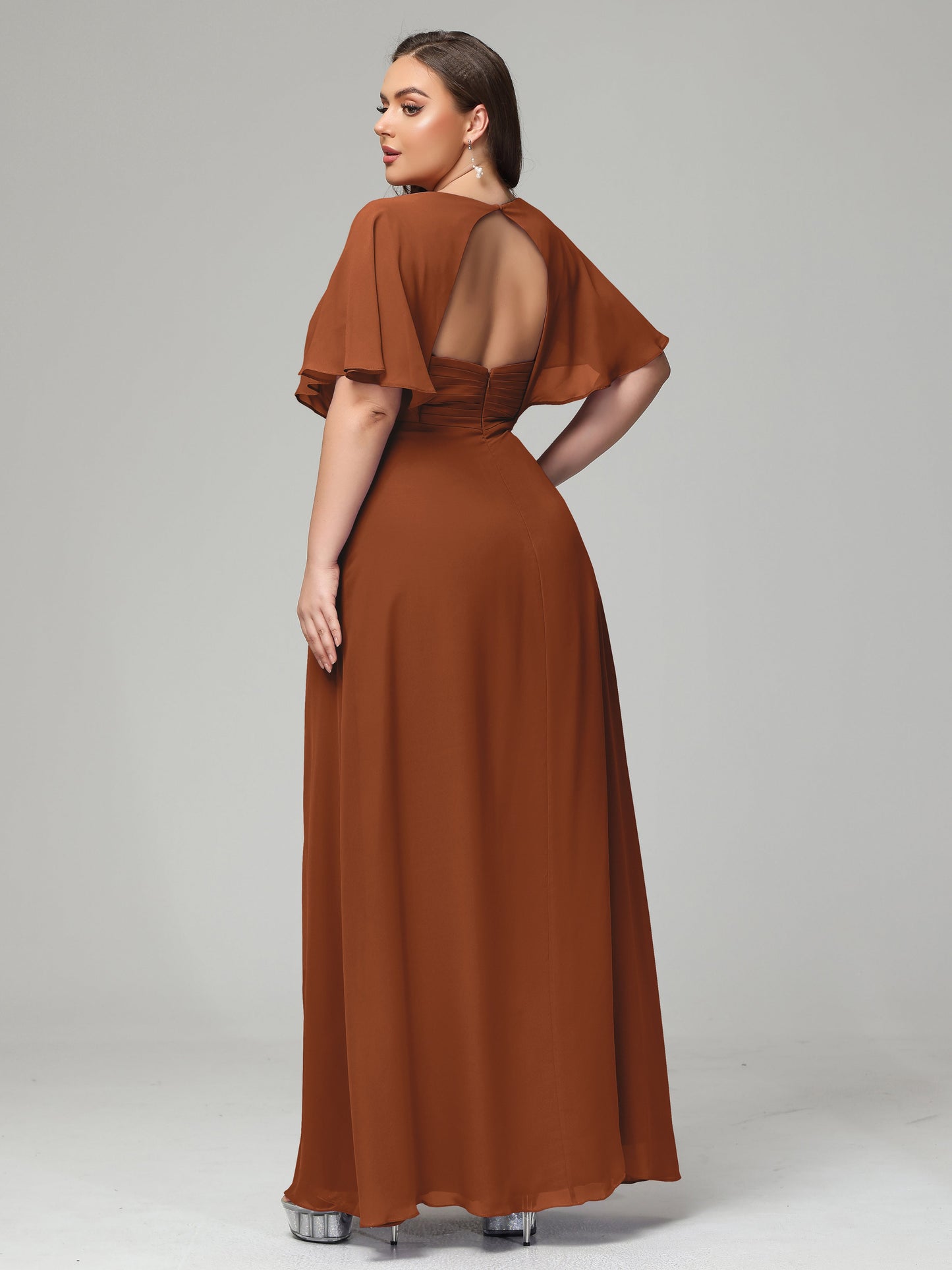 V-Neck Short Sleeves Plus Size Chiffon Bridesmaid Dresses