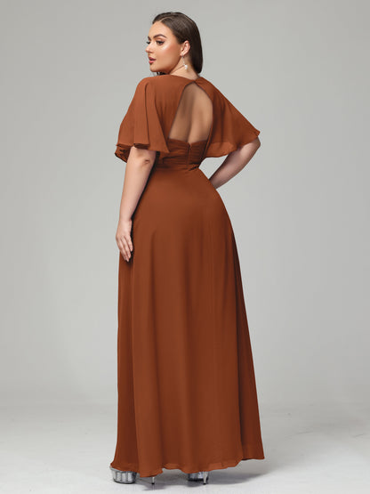 V-Neck Short Sleeves Plus Size Chiffon Bridesmaid Dresses