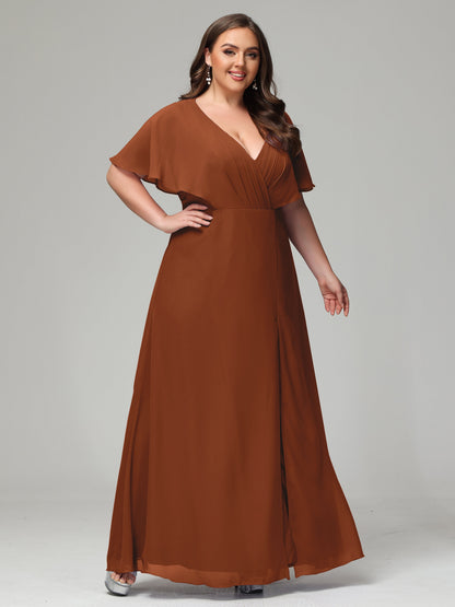 V-Neck Short Sleeves Plus Size Chiffon Bridesmaid Dresses