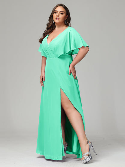 V-Neck Short Sleeves Plus Size Chiffon Bridesmaid Dresses