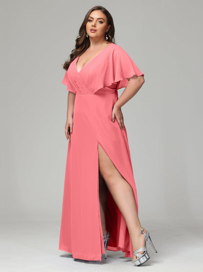 V-Neck Short Sleeves Plus Size Chiffon Bridesmaid Dresses