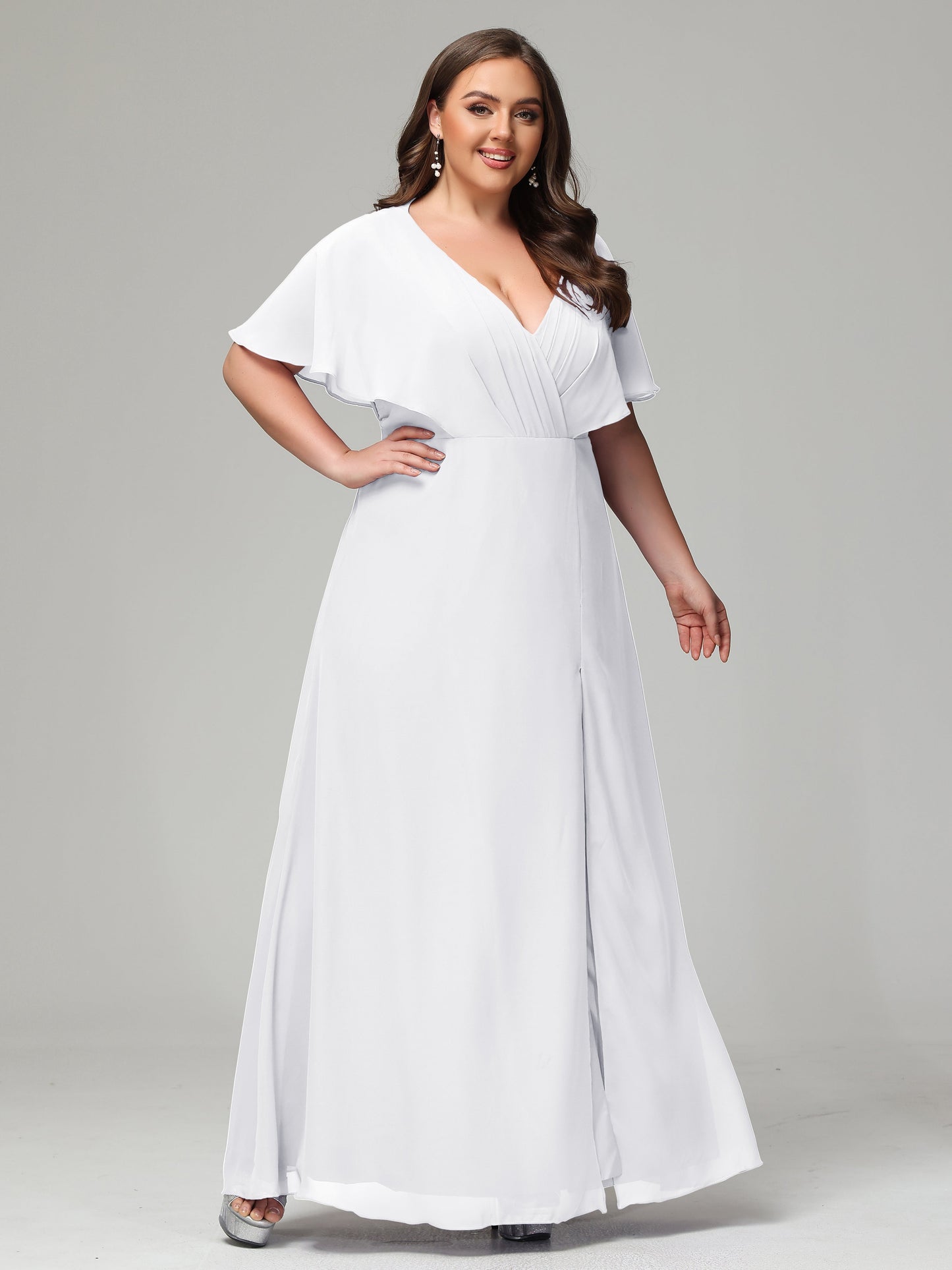 V-Neck Short Sleeves Plus Size Chiffon Bridesmaid Dresses