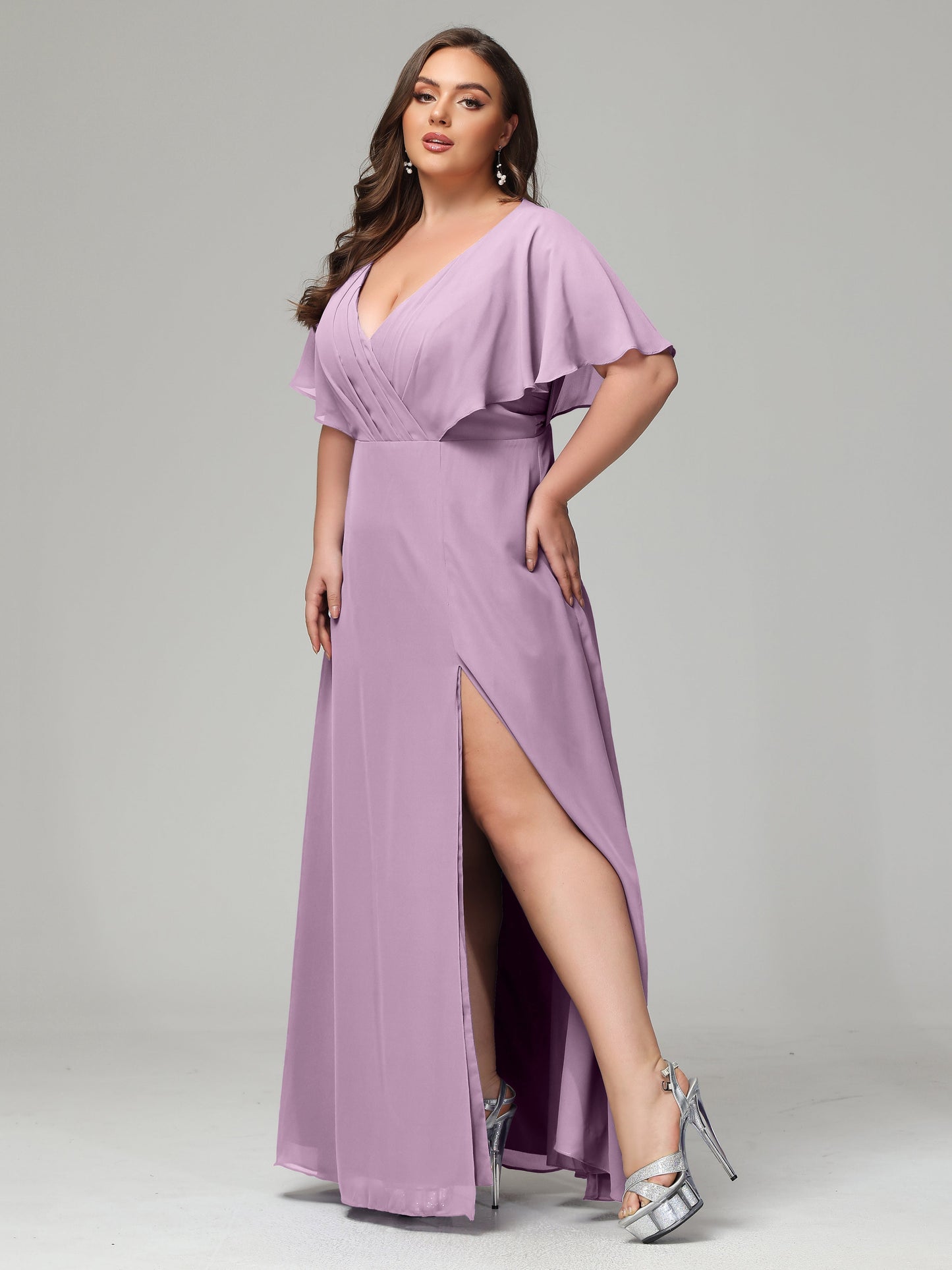 V-Neck Short Sleeves Plus Size Chiffon Bridesmaid Dresses
