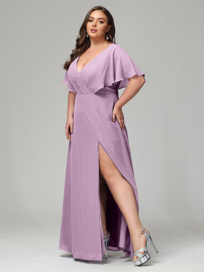 V-Neck Short Sleeves Plus Size Chiffon Bridesmaid Dresses