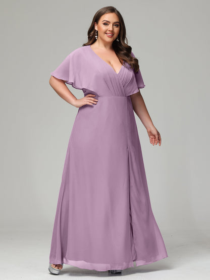 V-Neck Short Sleeves Plus Size Chiffon Bridesmaid Dresses