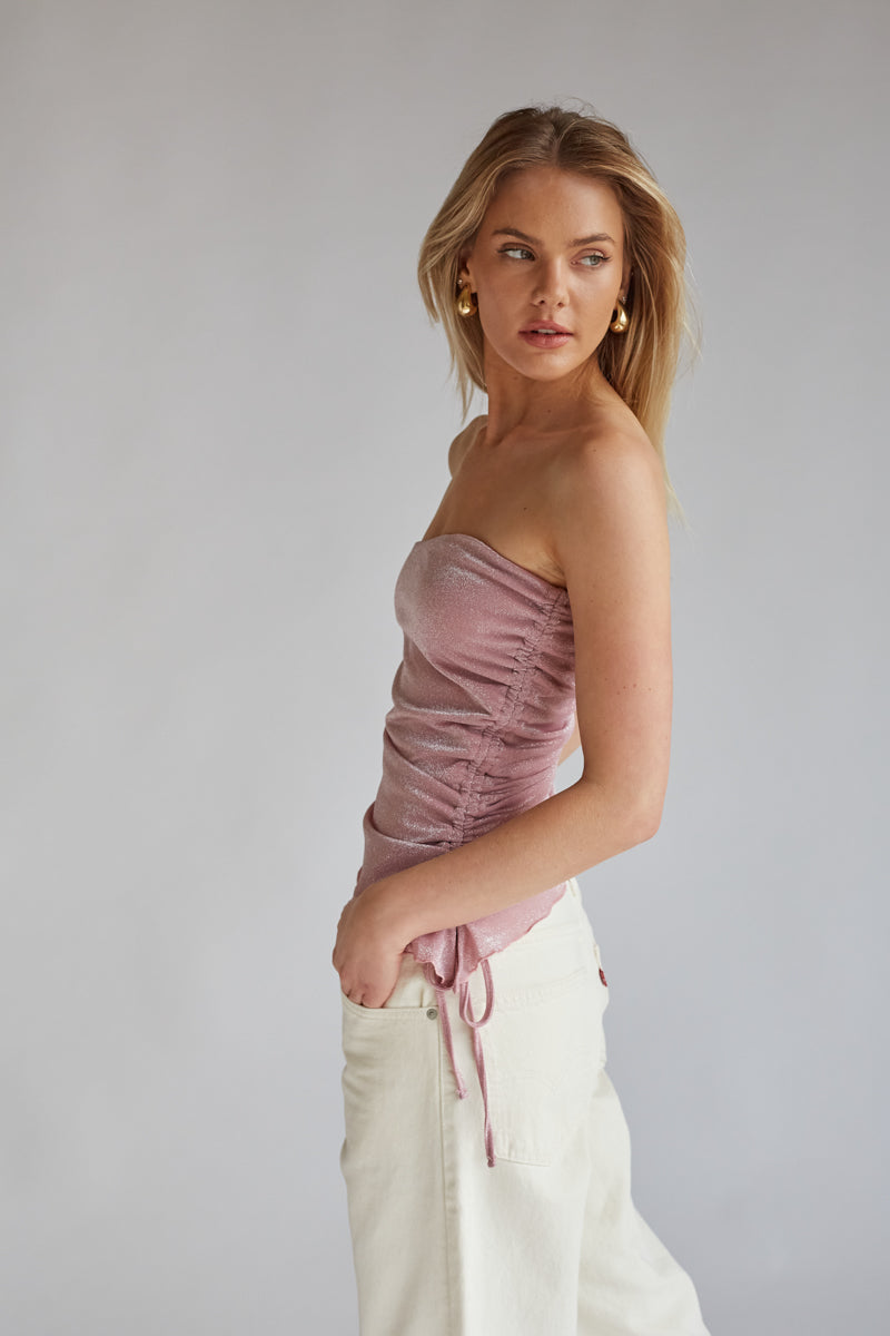 Valentina Strapless Glitter Asymmetrical Cinch Top