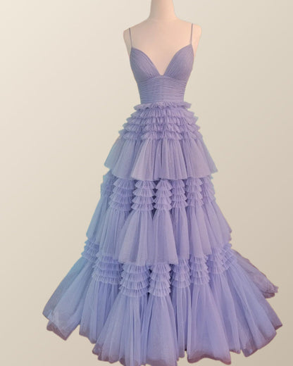 Pink Tiered Ruffle Long Ball Gown with Straps