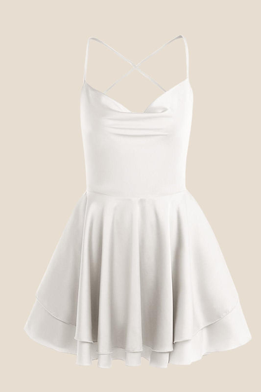 Straps White Lace-up Back Tiered Mini Dress