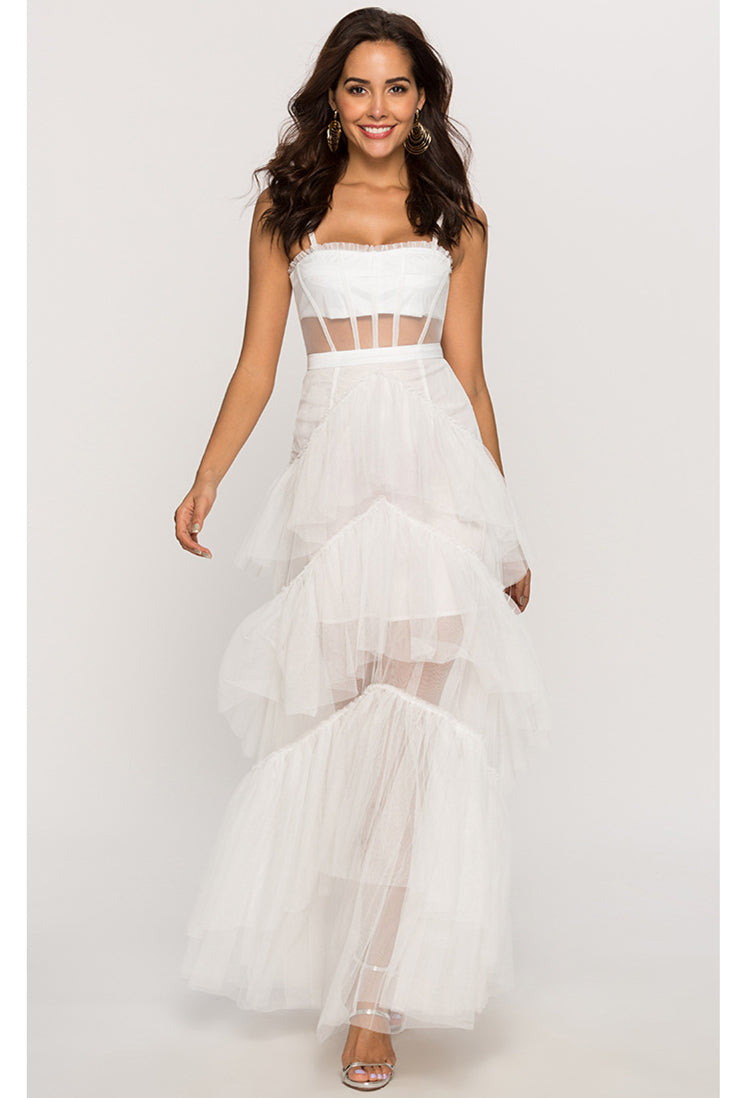 Straps Black Tulle Ruffled Long Maxi Dress