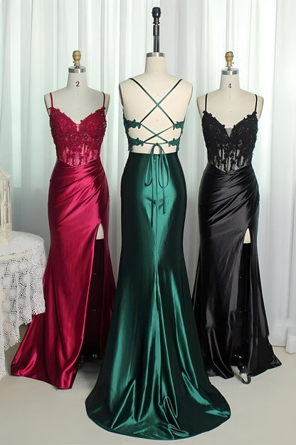 Straps Red Appliques Mermaid Ruched Long Party Dress