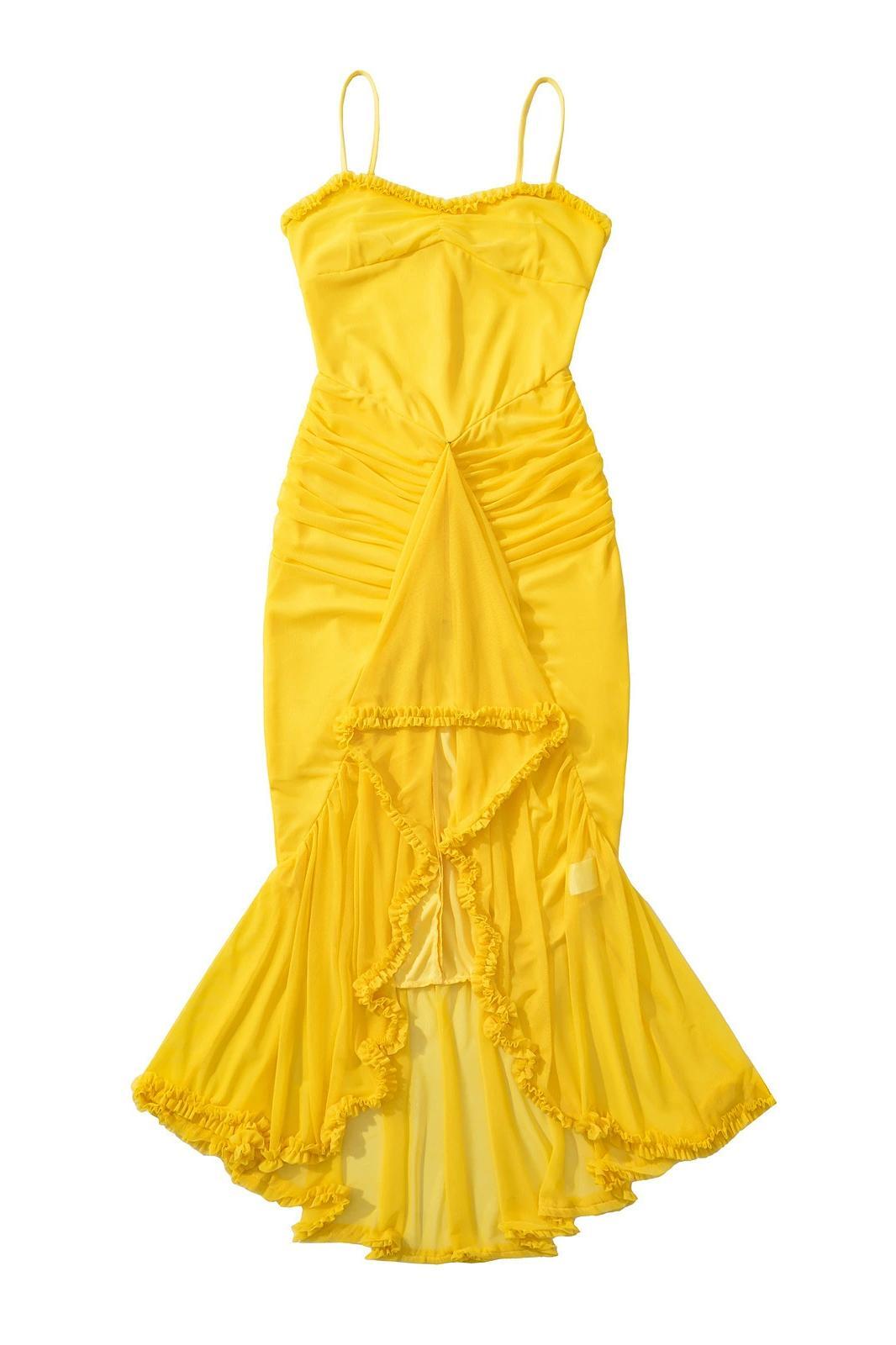 Straps Yellow Ruffled Front Irregular Long Dress