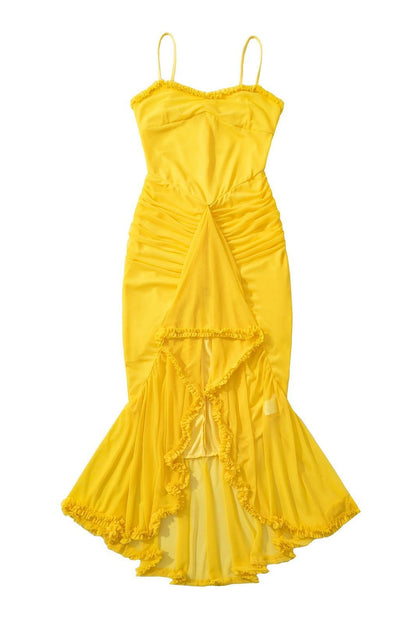 Straps Yellow Ruffled Front Irregular Long Dress